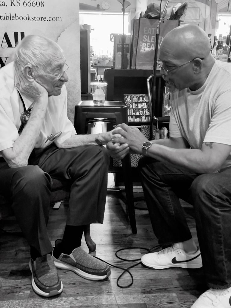 Dr. Walt Menninger and Dr. Jerry Doby meet for the first time at Round Table Bookstore in Topeka Kansas