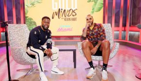 MIAMI BEACH, FLORIDA - SEPTEMBER 13: Kevin Hart and Carmelo Anthony are seen during the live taping of SiriusXM's "Gold Minds With Kevin Hart" at the SirusXM Miami studio on September 13, 2023 in Miami Beach, Florida. (Photo by Alexander Tamargo/Getty Images for SiriusXM)